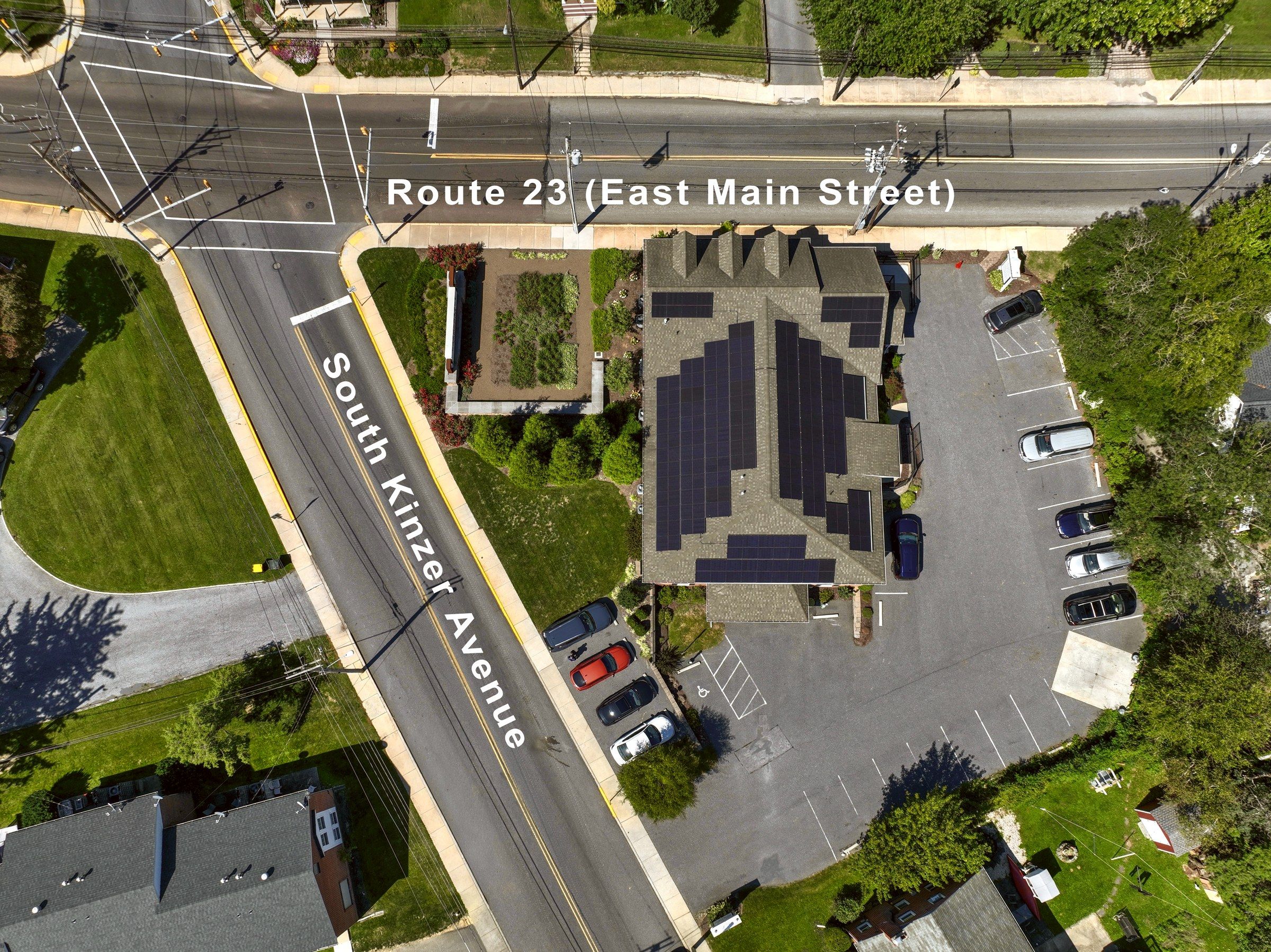 Aerial view of the building at Route 23 (East Main Street) and South Kinzer Avenue