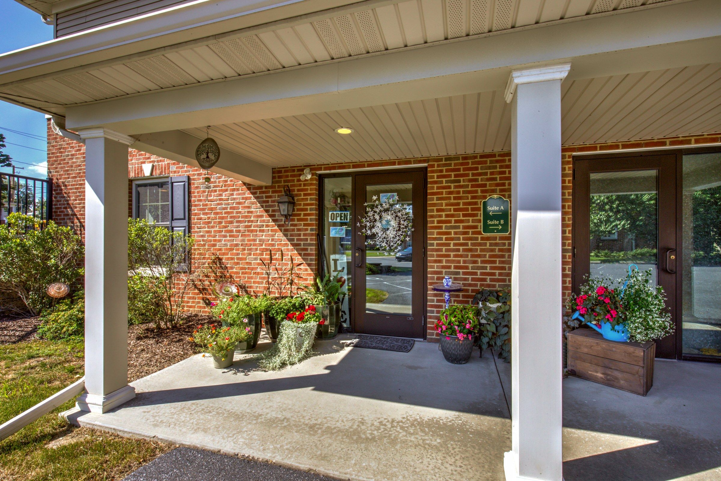 The covered porch at the front entrance