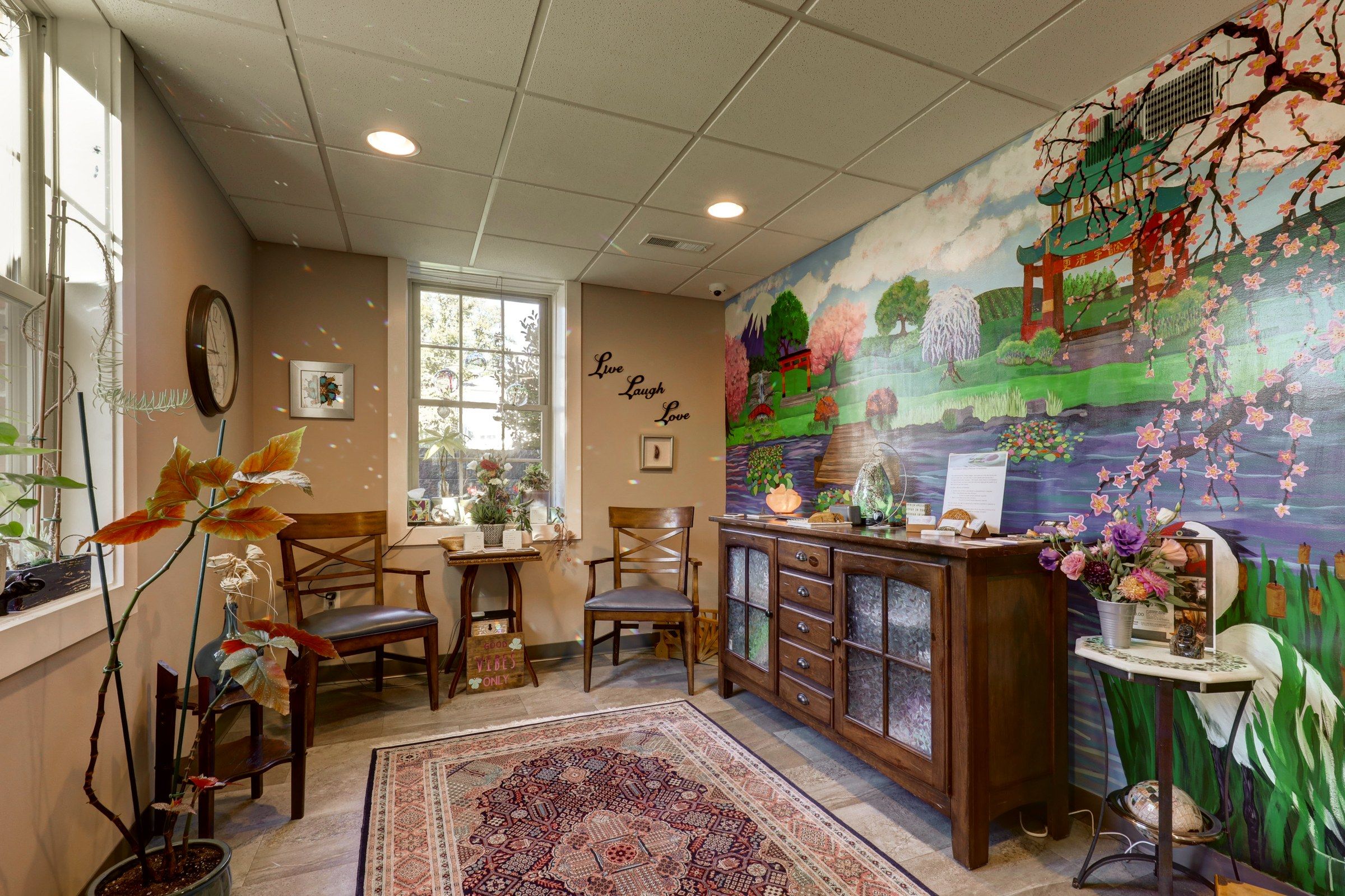 The reception room with its hand-painted Japanese garden mural