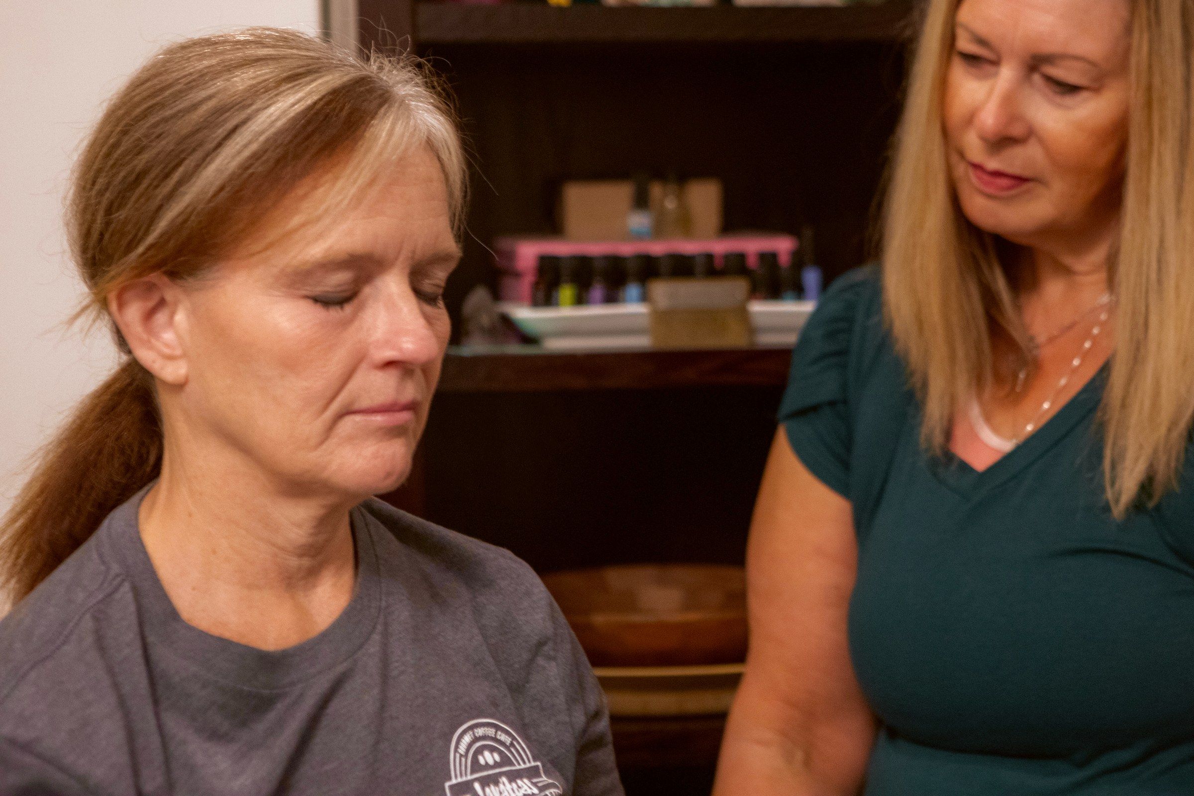 Trager with Melissa: seated shoulder release, the client focused on her breathing